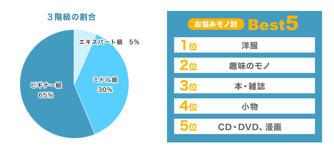 3階級の割合｜エキスパート級5％・ミドル級30％・ビギナー級65％　お悩みモノ別Best5｜1位洋服、2位趣味のモノ、3位本・雑誌、4位小物、5位CD・DVD、漫画　